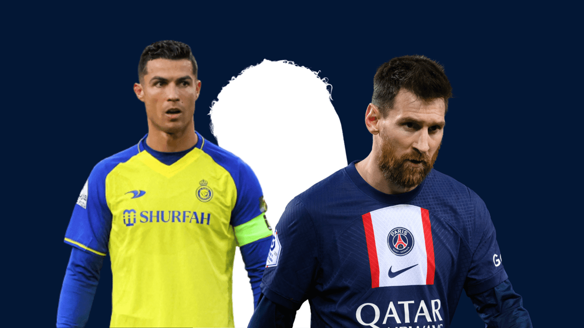 Cristiano Ronaldo and Lionel Messi in front of a silhouette of Neymar's head