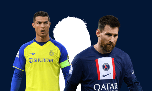 Cristiano Ronaldo and Lionel Messi in front of a silhouette of Neymar's head