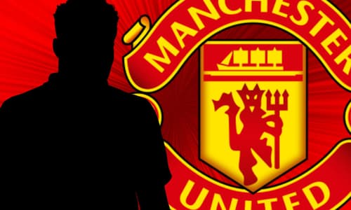 A silhouette of Thomas Partey, and the Manchester United badge on a red and black abstract background