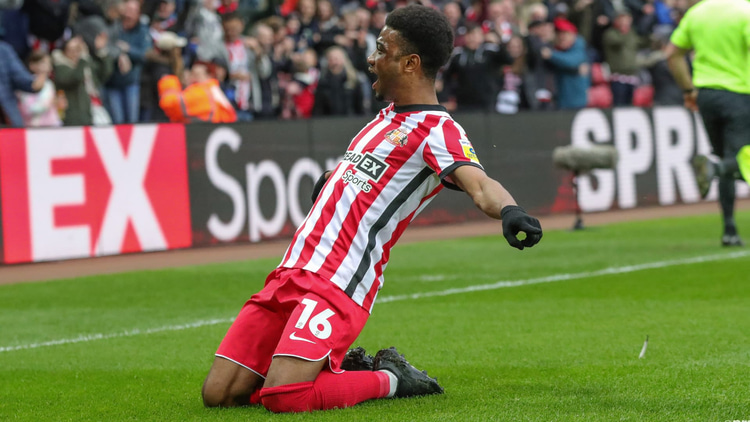 Amad Diallo celebrates following a goal for Sunderland