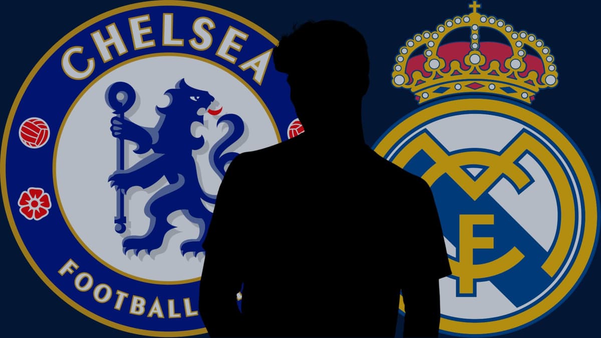 A black silhouette of Kai Havertz in front of the Chelsea and Real Madrid badges