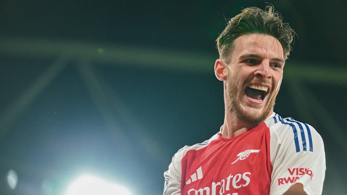 Arsenal's Declan Rice celebrates scoring a free kick against Real Madrid in the Champions League, 2024/25