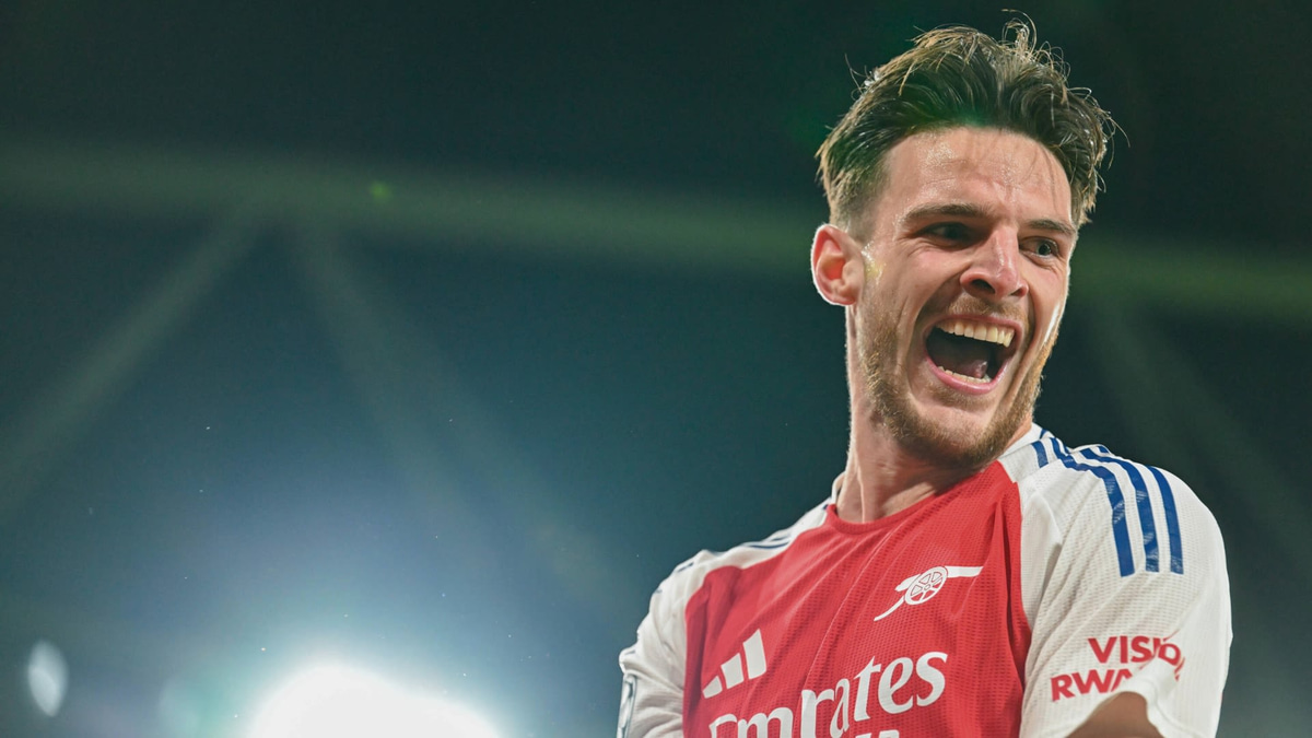 Arsenal's Declan Rice celebrates scoring a free kick against Real Madrid in the Champions League, 2024/25