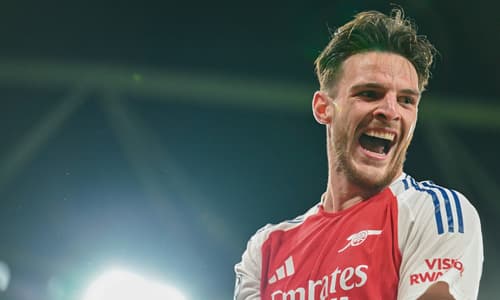 Arsenal's Declan Rice celebrates scoring a free kick against Real Madrid in the Champions League, 2024/25