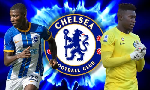 Moises Caicedo and Andre Onana in front of the Chelsea badge, set against an abstract blue and black background