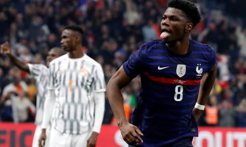 Aurelien Tchouameni celebrates scoring his first France goal against Ivory Coast