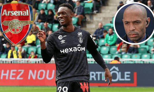 Folarin Balogun with the Arsenal badge and an insert of Thierry Henry's fsce