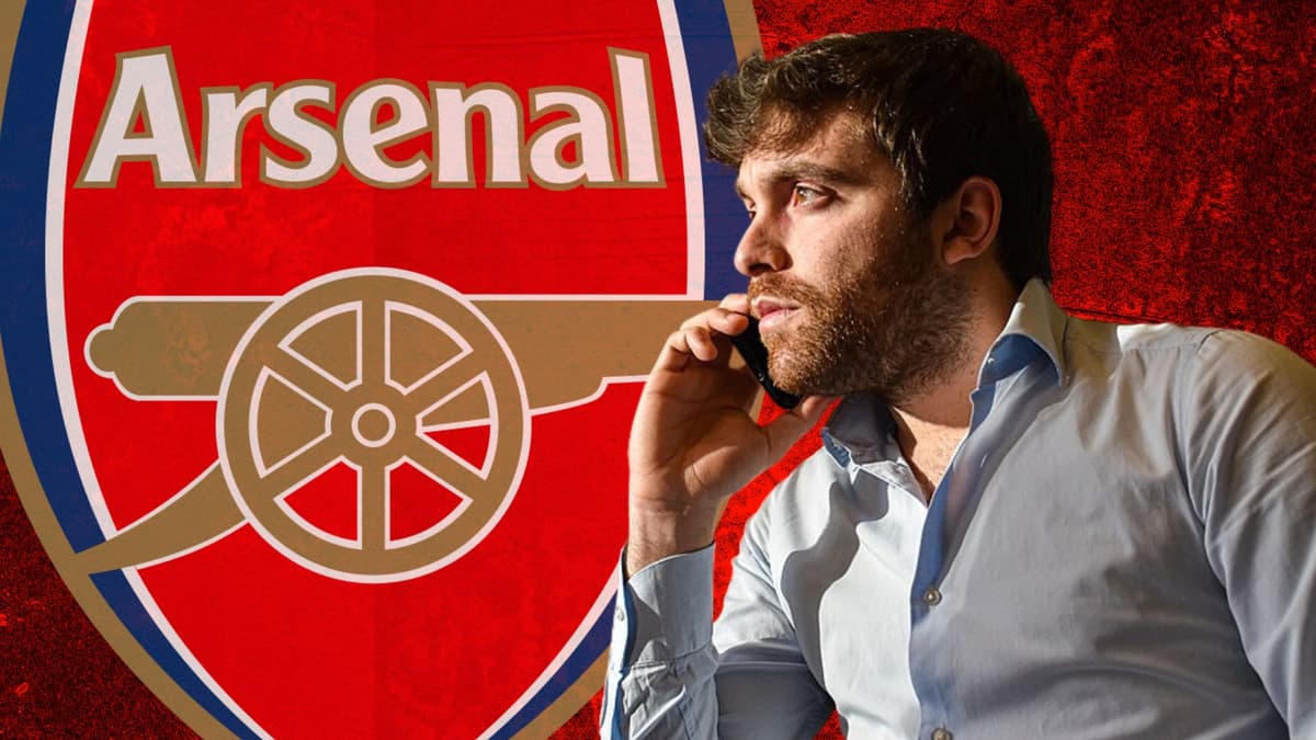 Fabrizio Romano and the Arsenal badge, set against a red abstract background