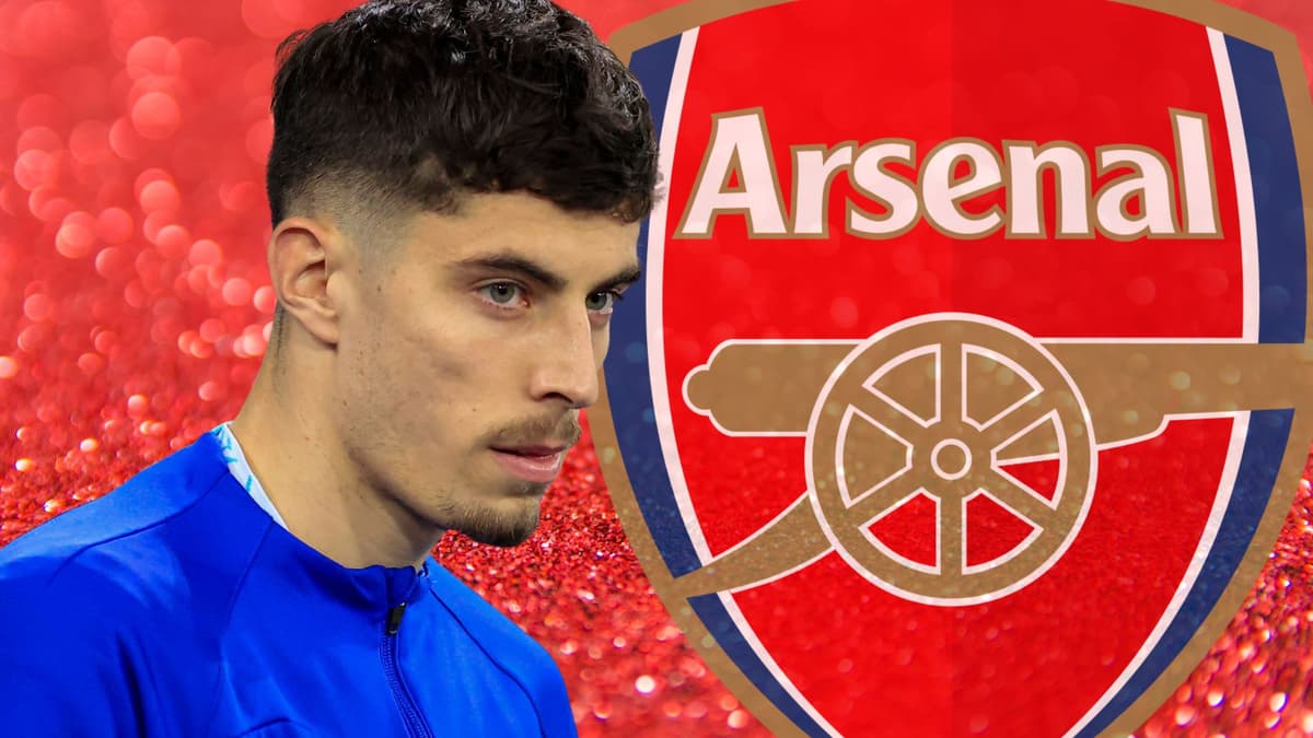 Kai Havertz and the Arsenal badge, set against a red abstract background