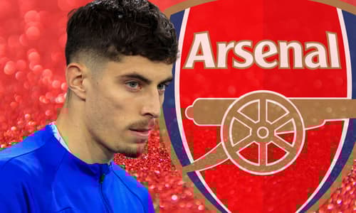 Kai Havertz and the Arsenal badge, set against a red abstract background