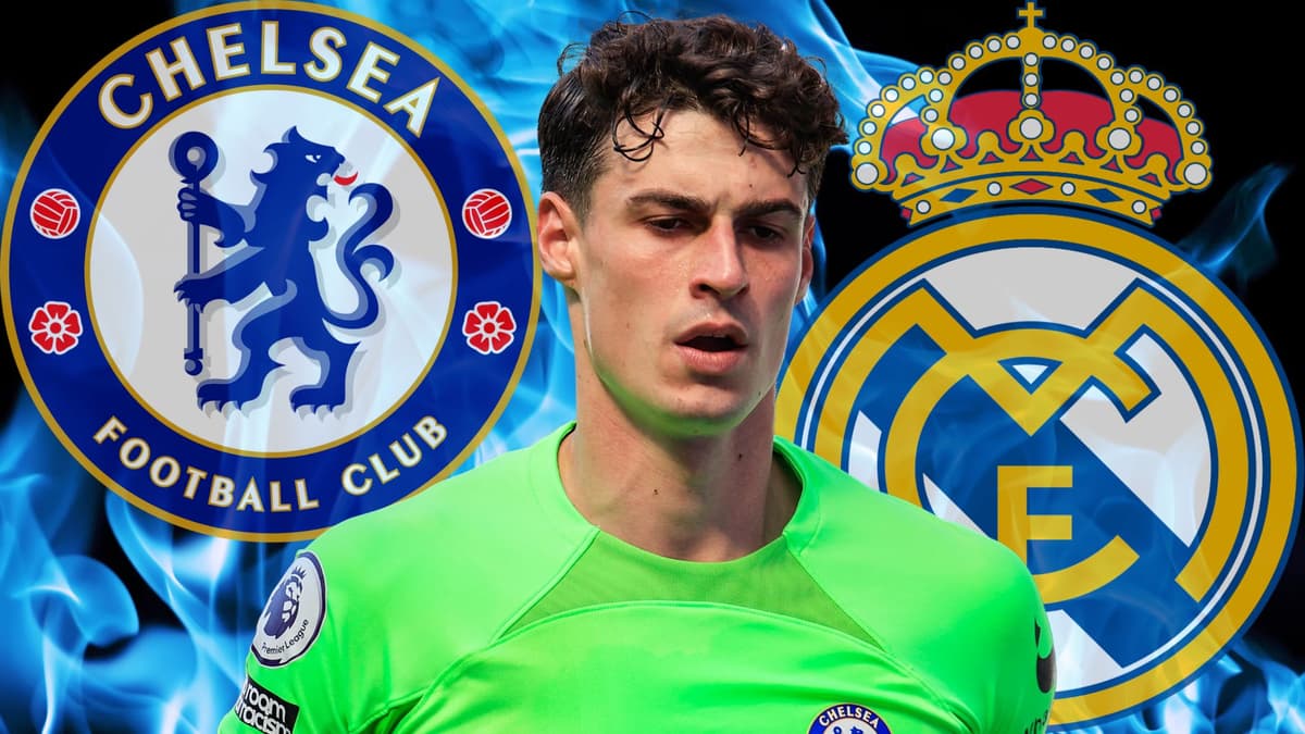 Kepa Arrizabalaga, the Chelsea and Real Madrid badges on a background of blue flames