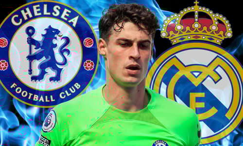 Kepa Arrizabalaga, the Chelsea and Real Madrid badges on a background of blue flames