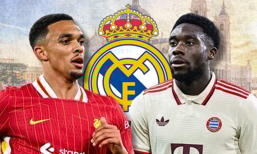 Trent Alexander-Arnold and Alphonso Davies with the Real Madrid badge