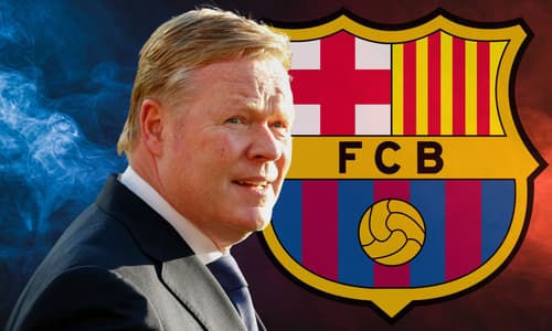 Ronald Koeman and the Barcelona badge on a blue and red smoky background