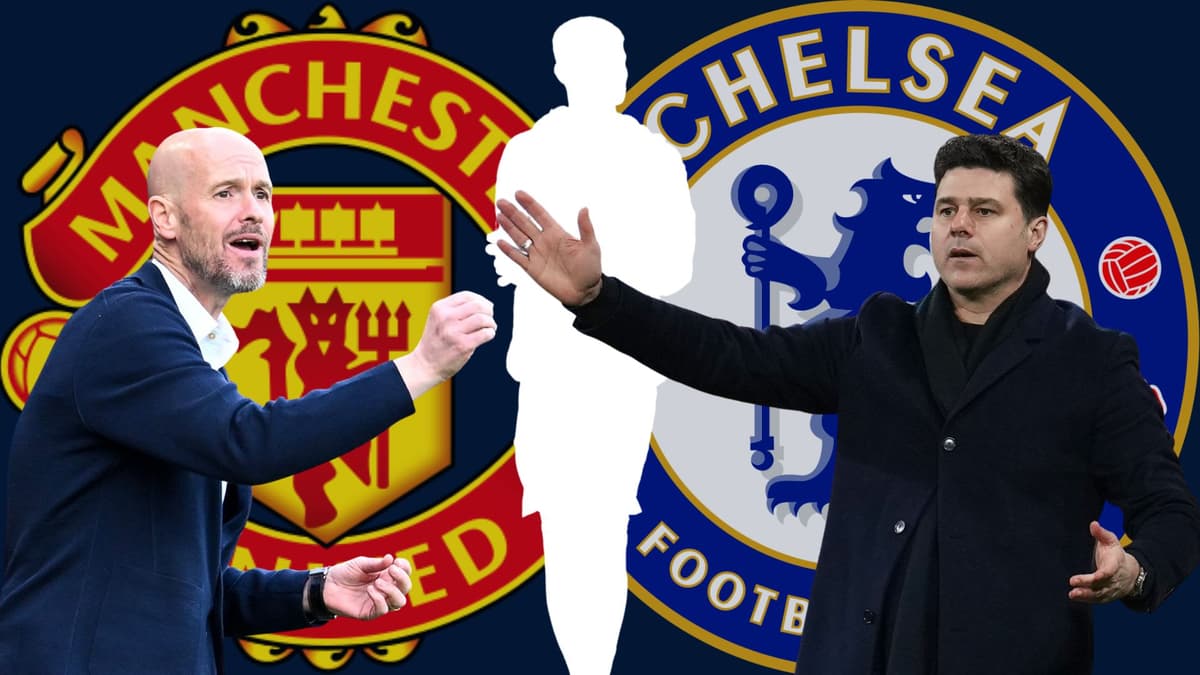 Erik ten Hag and Mauricio Pochettino with the Manchester United and Chelsea badges and a white silhouette of Illan Meslier, against a plan dark blue background