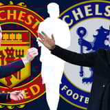 Erik ten Hag and Mauricio Pochettino with the Manchester United and Chelsea badges and a white silhouette of Illan Meslier, against a plan dark blue background