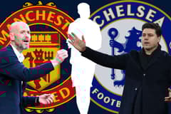 Erik ten Hag and Mauricio Pochettino with the Manchester United and Chelsea badges and a white silhouette of Illan Meslier, against a plan dark blue background