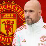 Erik ten Hag and the Manchester United badge on a red abstract background
