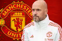 Erik ten Hag and the Manchester United badge on a red abstract background
