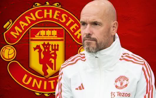Erik ten Hag and the Manchester United badge on a red abstract background