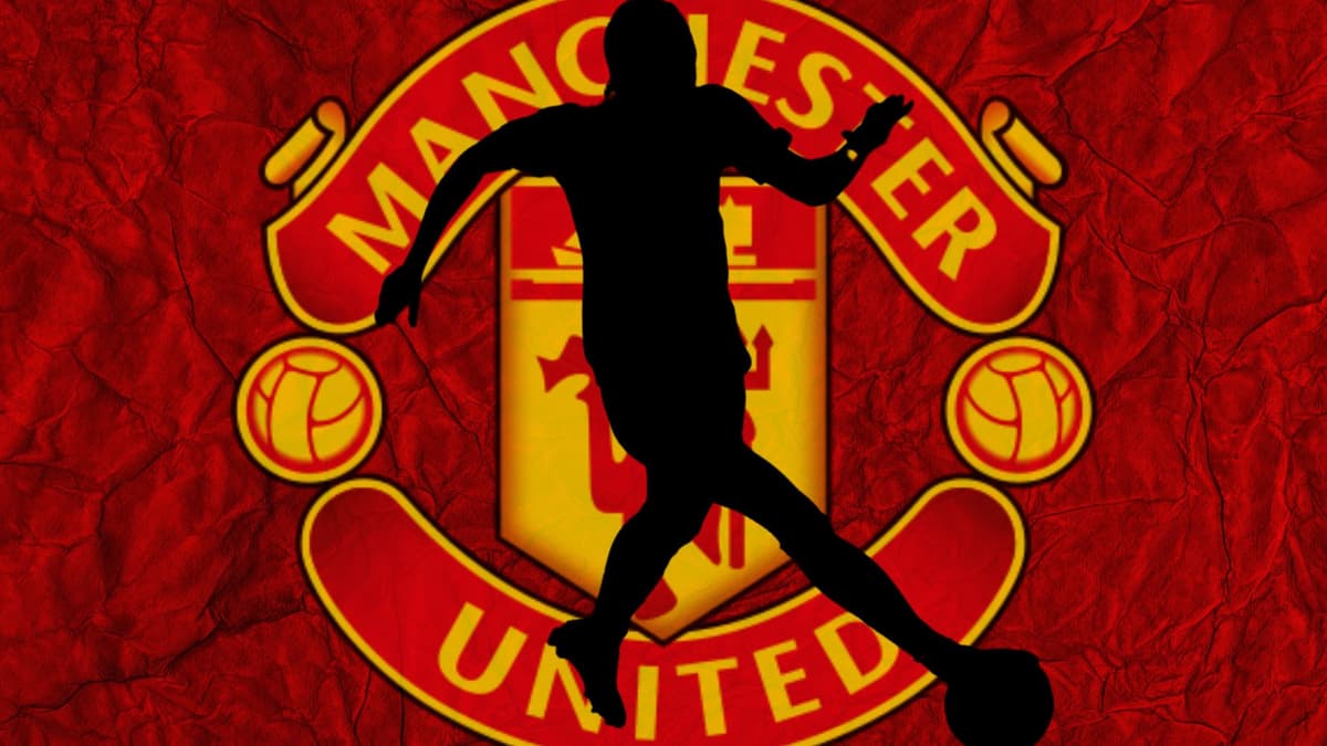 The Manchester United badge and a silhouette of Geyse on a red abstract background