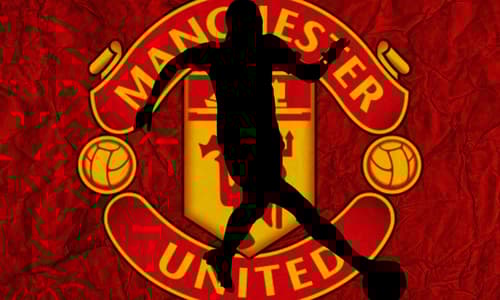 The Manchester United badge and a silhouette of Geyse on a red abstract background