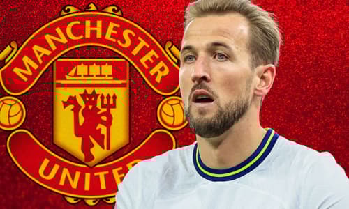 Harry Kane and the Manchester United badge on a red abstract background
