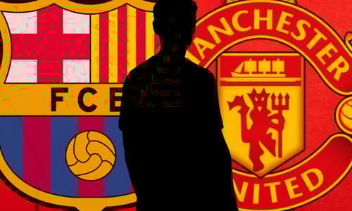 A silhouette of Frenkie de Jong in between the Barcelona and Manchester United badges, in front of a red abstract background