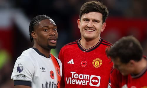 Harry Maguire playing for Man Utd against Luton in the Premier League