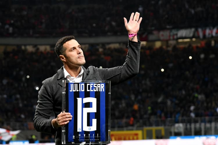Julio Cesar salutes fans at San Siro for Milan vs Inter in Serie A in 2018