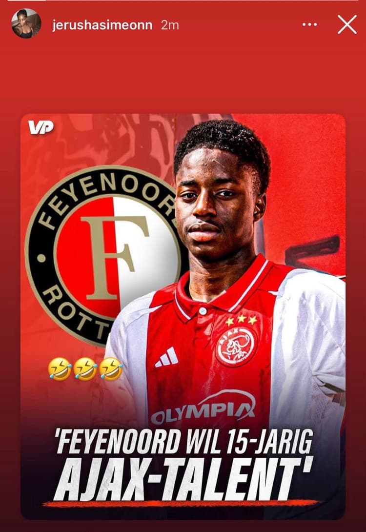 @jerushasimeonn reageert op de geruchten over een overstap van Jeshurun Simeon van Ajax naar Feyenoord
