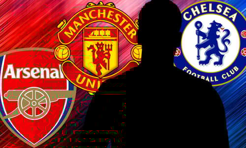 A silhouette of Dusan Vlahovic, and the Arsenal, Manchester United and Chelsea badges, on a red and blue abstract background