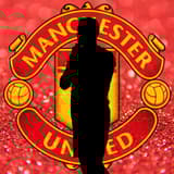 A black silhouette of Jack Butland in front of the Manchester United badge, set against a red abstract background