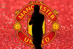 A black silhouette of Jack Butland in front of the Manchester United badge, set against a red abstract background