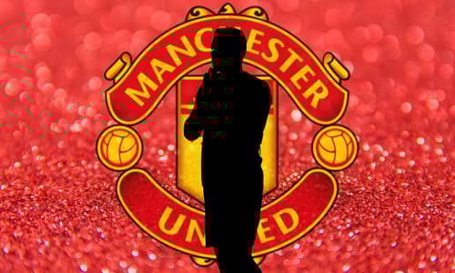 A black silhouette of Jack Butland in front of the Manchester United badge, set against a red abstract background