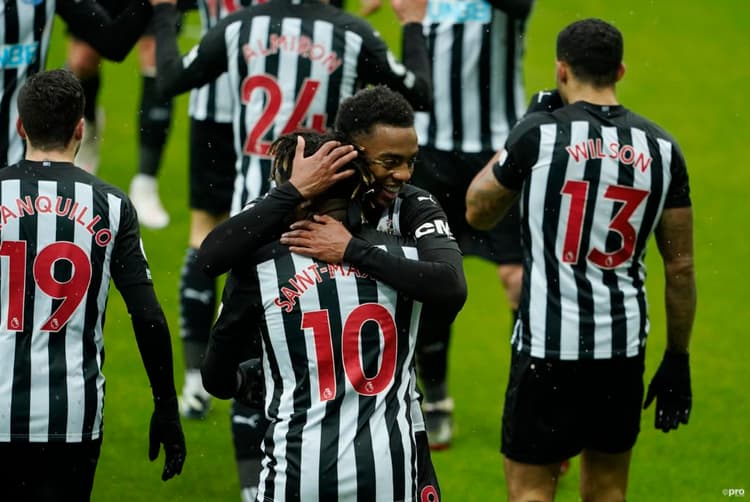 Allan Saint-Maximim congratulates on-loan Arsena attacker Joe Willock of Newcastle