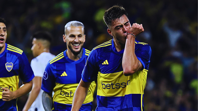 Aaron Anselmino celebrates scoring for Boca Juniors
