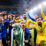 Leonardo Bonucci lifts the Euro 2020 trophy at Wembley after Italy defeated England on penalties