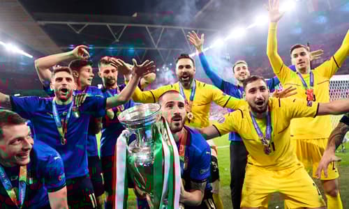 Leonardo Bonucci lifts the Euro 2020 trophy at Wembley after Italy defeated England on penalties
