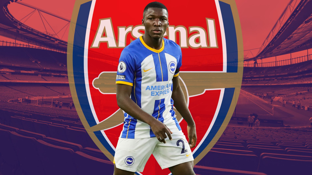 Moises Caicedo of Brighton in front of the Arsenal badge, set against a backdrop of a panorama of the Emirates Stadium in red