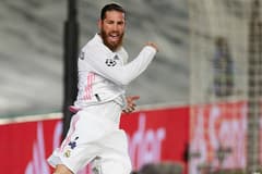Sergio Ramos celebrates scoring for Real Madrid against Atalanta in the Champions League