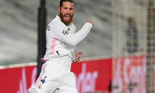 Sergio Ramos celebrates scoring for Real Madrid against Atalanta in the Champions League