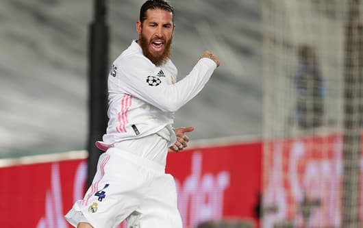 Sergio Ramos celebrates scoring for Real Madrid against Atalanta in the Champions League