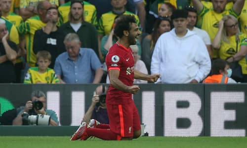 Mohamed Salah celebrates for Liverpool against Norwich in the Premier League