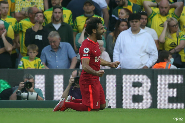 Mohamed Salah celebrates for Liverpool against Norwich in the Premier League