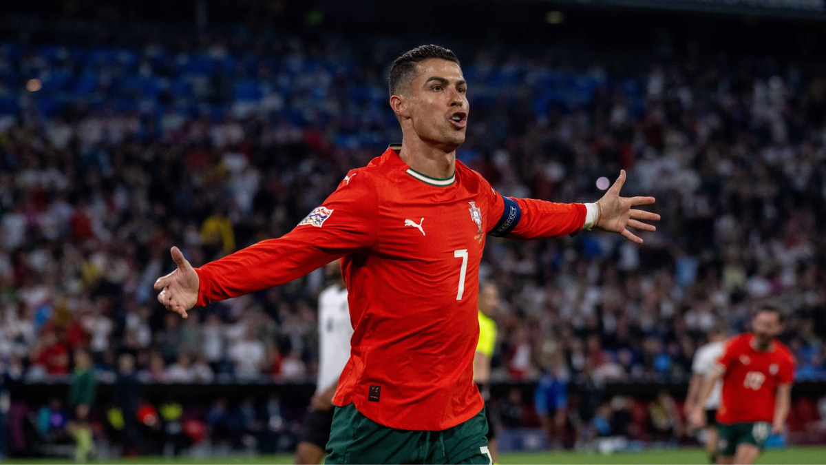 Cristiano Ronaldo celebrates scoring for Portugal against Germany in the 2025 Nations League finals
