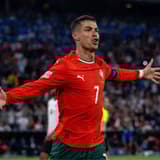 Cristiano Ronaldo celebrates scoring for Portugal against Germany in the 2025 Nations League finals