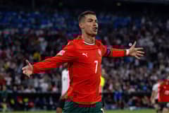 Cristiano Ronaldo celebrates scoring for Portugal against Germany in the 2025 Nations League finals