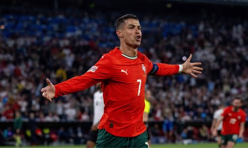 Cristiano Ronaldo celebrates scoring for Portugal against Germany in the 2025 Nations League finals
