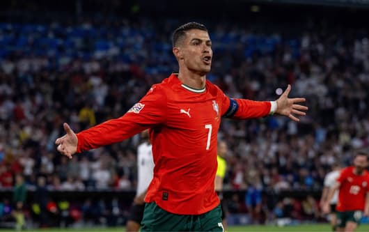 Cristiano Ronaldo celebrates scoring for Portugal against Germany in the 2025 Nations League finals